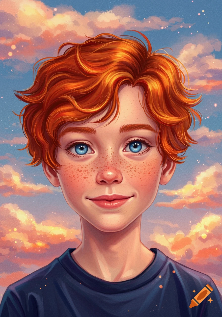 A smiling redhead boy with blue eyes and freckles against a sunset cloudy sky.
