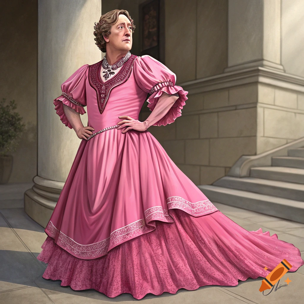 Painting of a man resembling James Spader in an elaborate pink historical dress, standing outdoors near columns.