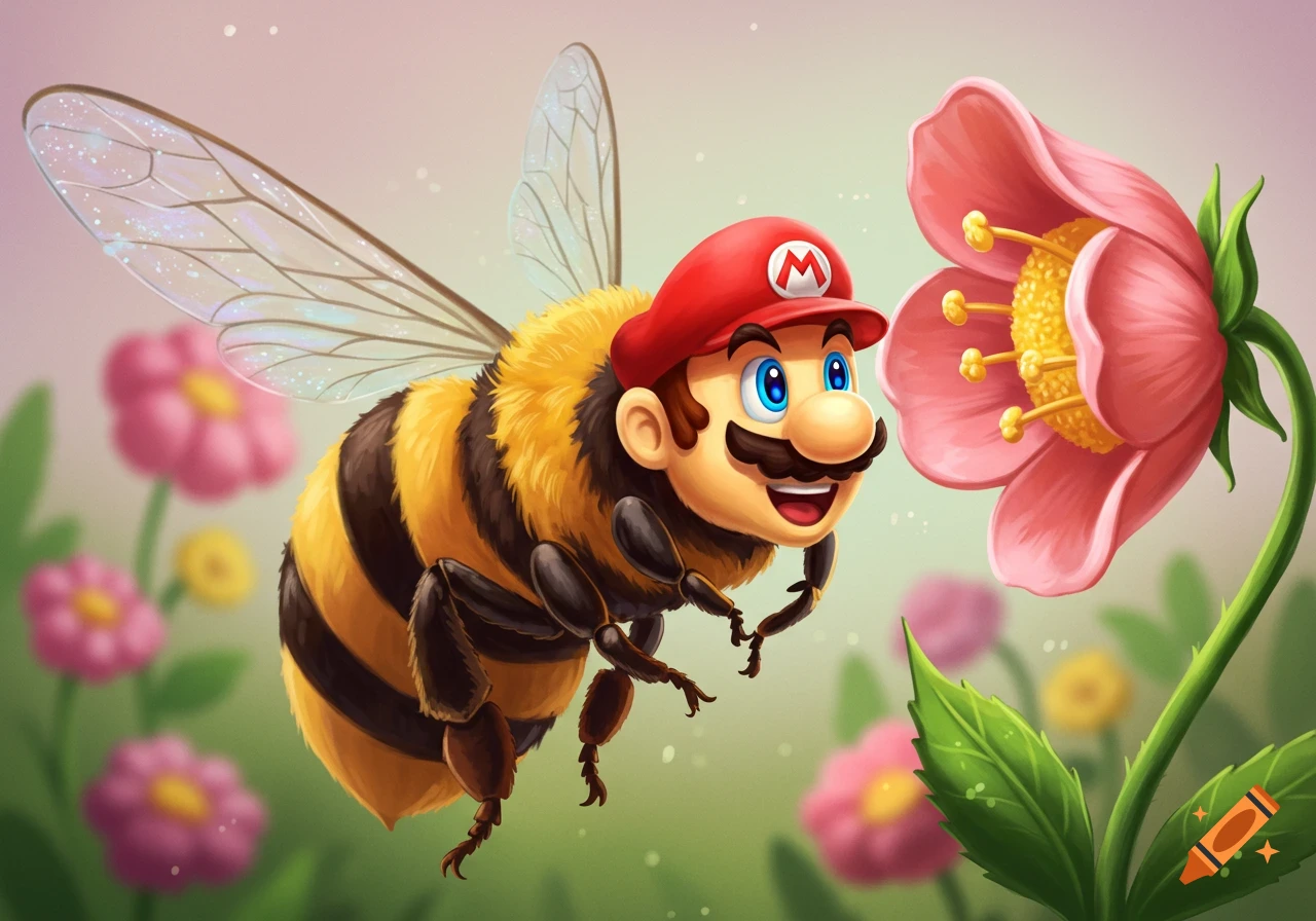 A cartoon bee with Mario's face and red hat flies towards a large pink flower.