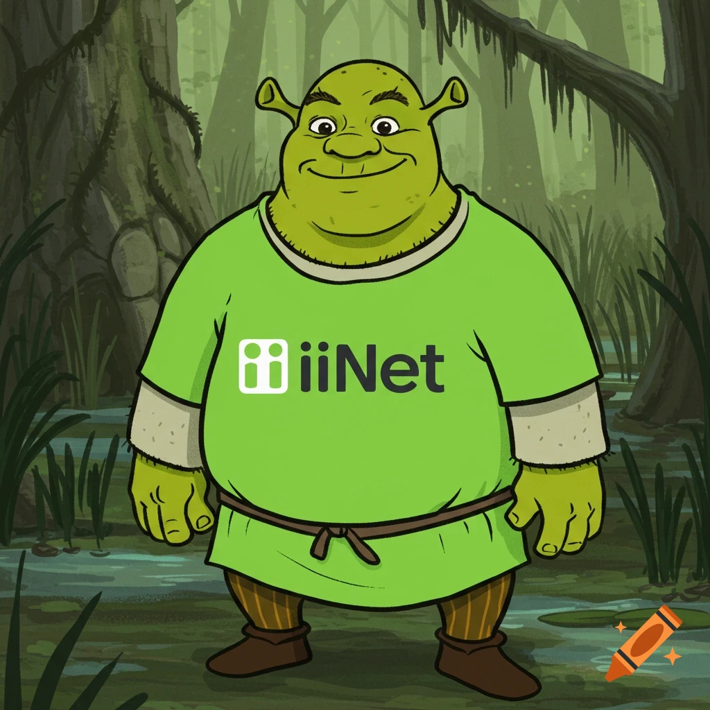 Shrek in a swamp wearing a green iiNet logo t-shirt