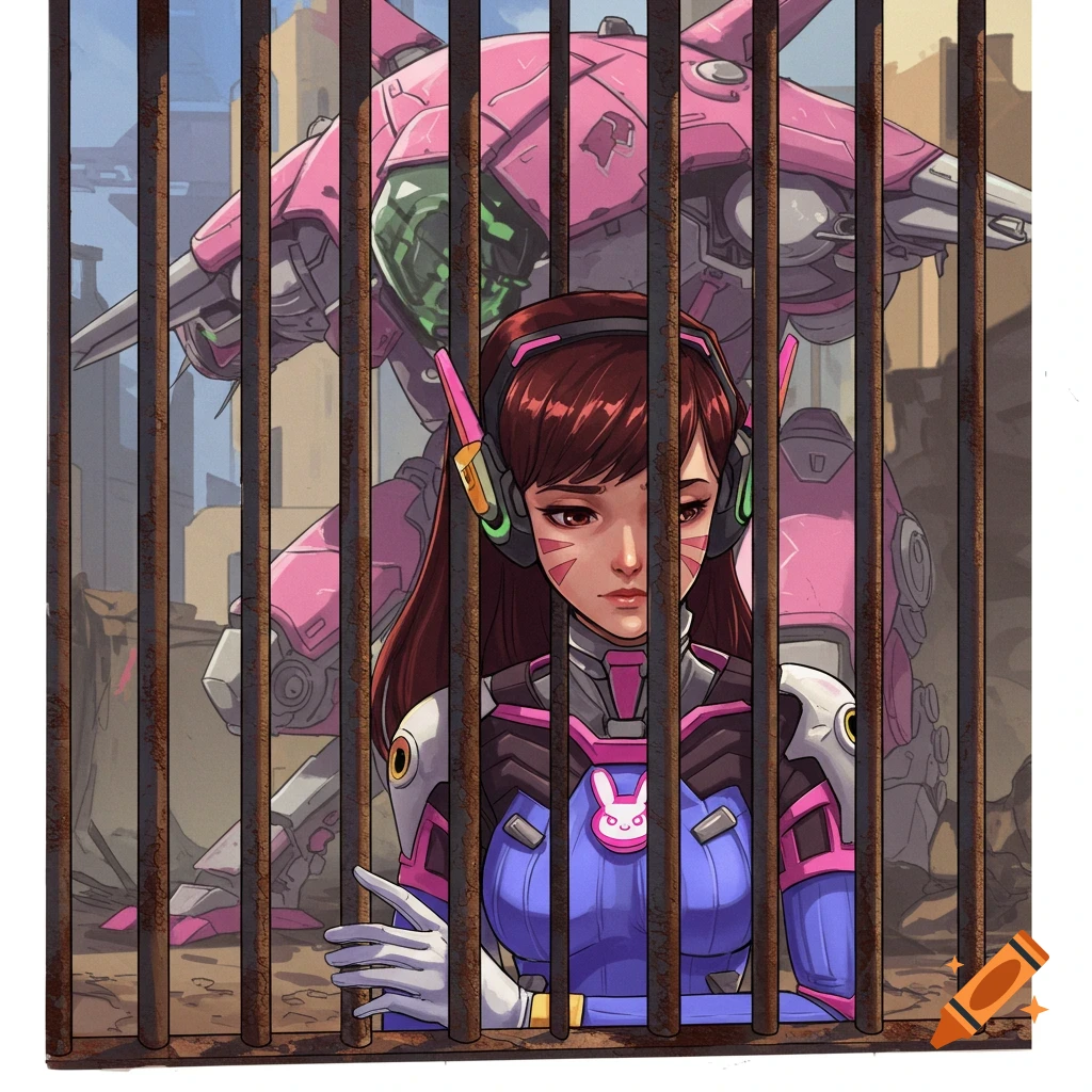 Image of D.Va from Overwatch behind bars, with her pink mech behind her.