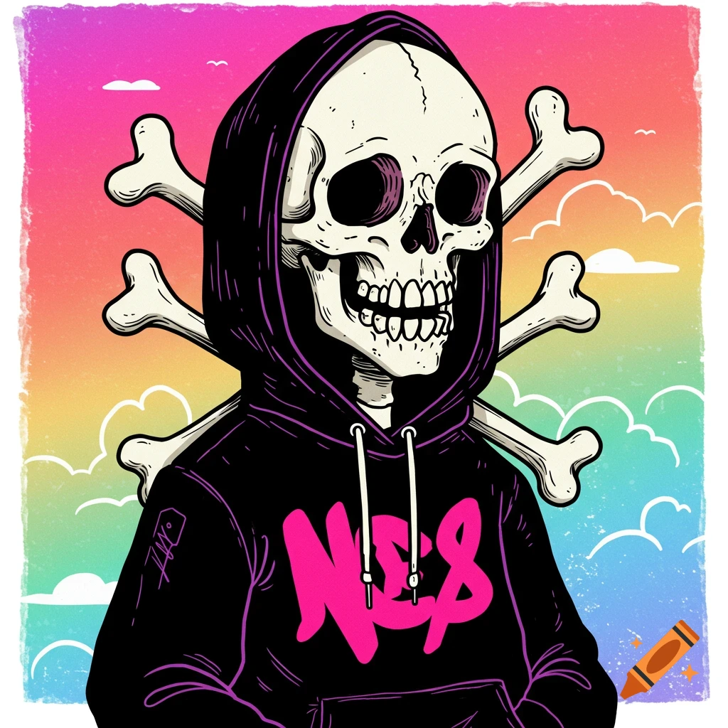 Illustration of a skeleton in a black hoodie with crossed bones against a rainbow sky.