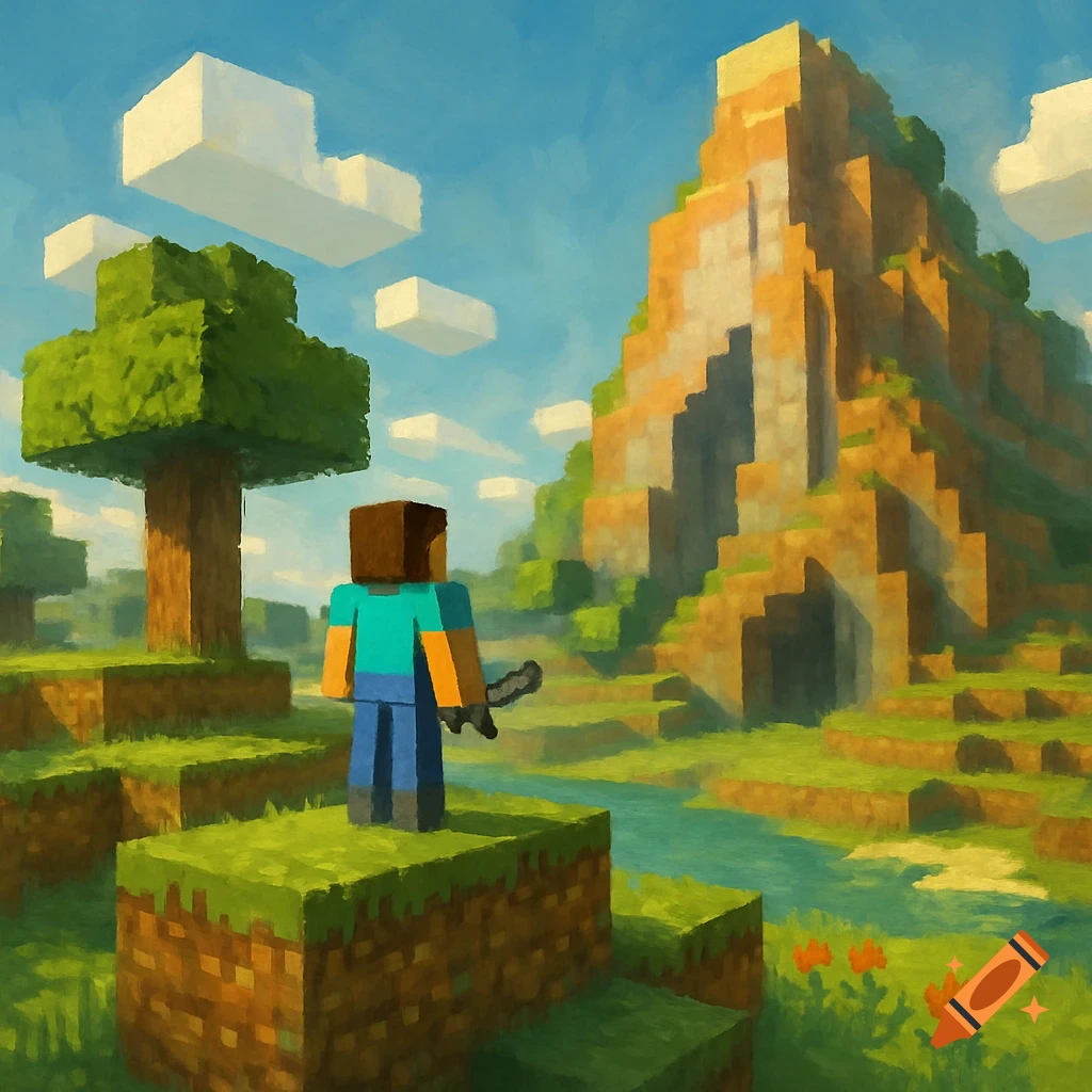 Image of the character Steve in a Minecraft world landscape.
