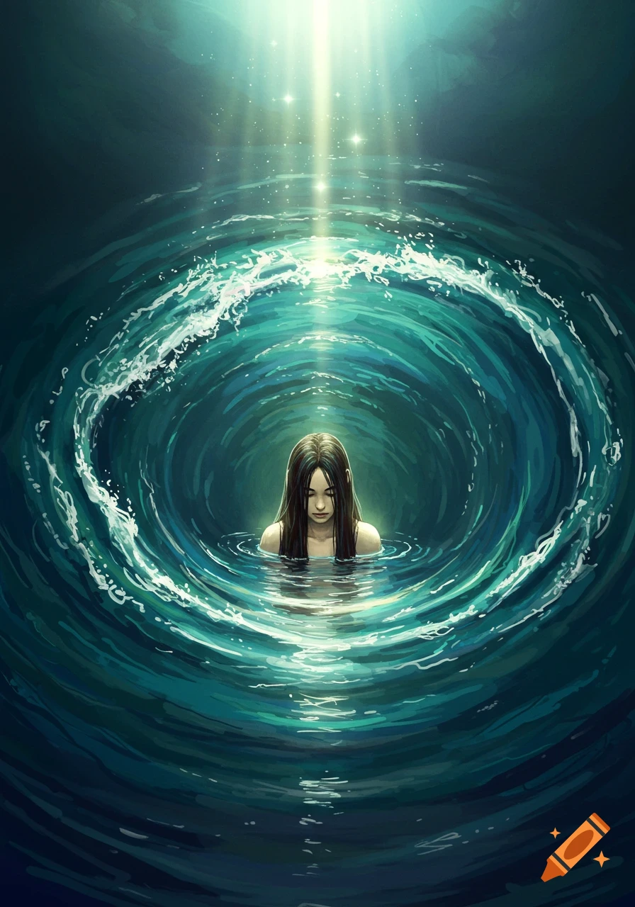 A woman stands in swirling water with light shining down from above.