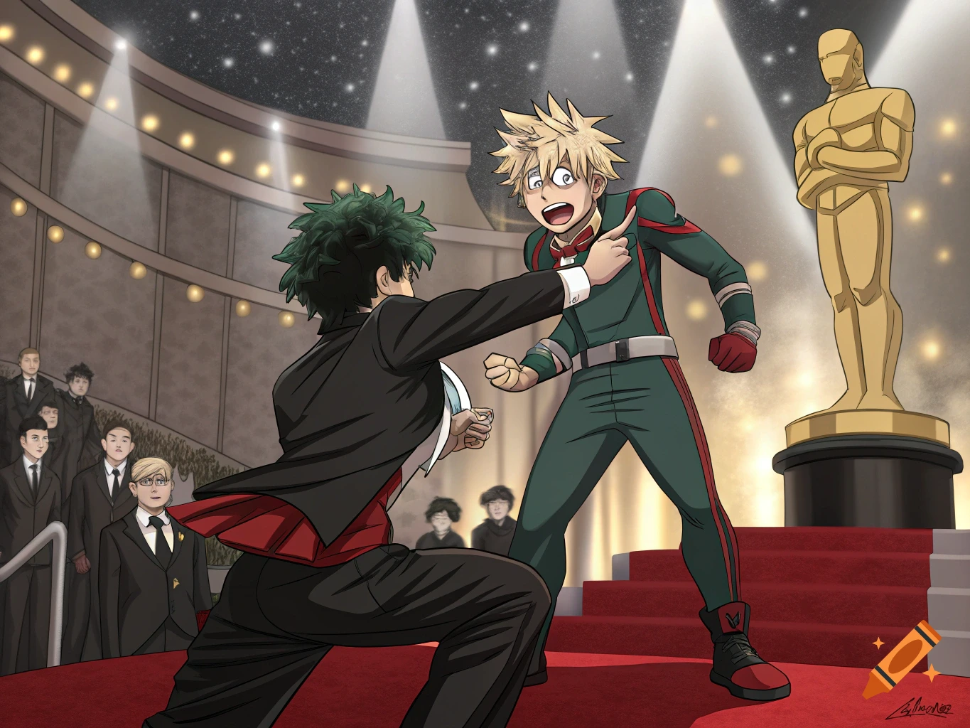 Anime illustration of Deku slapping Bakugo on a red carpet stage with an Oscar statue.