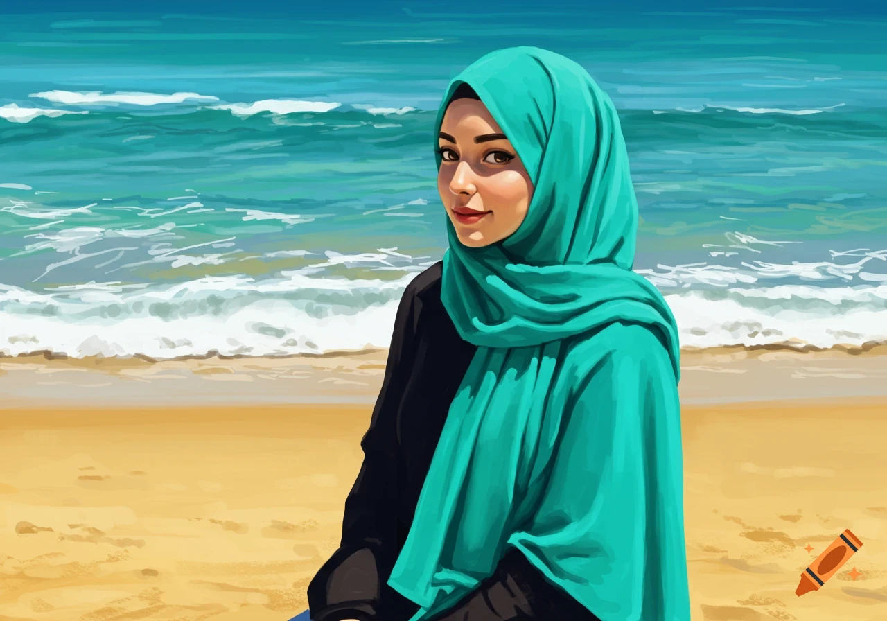 A woman in a teal hijab sitting on a beach