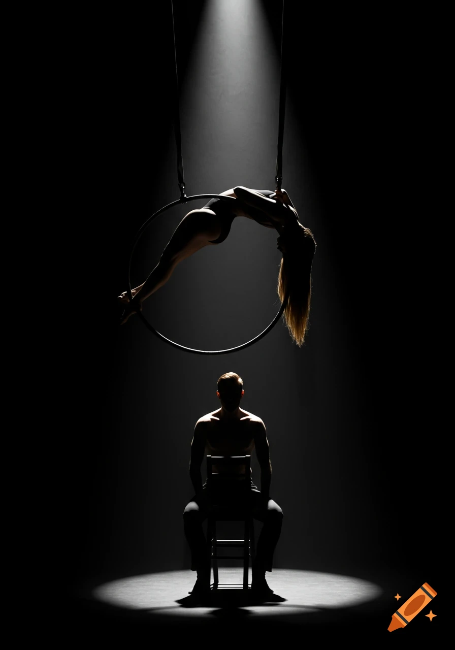 A woman on an aerial hoop and a seated man are silhouetted by dramatic spotlights on a black background.