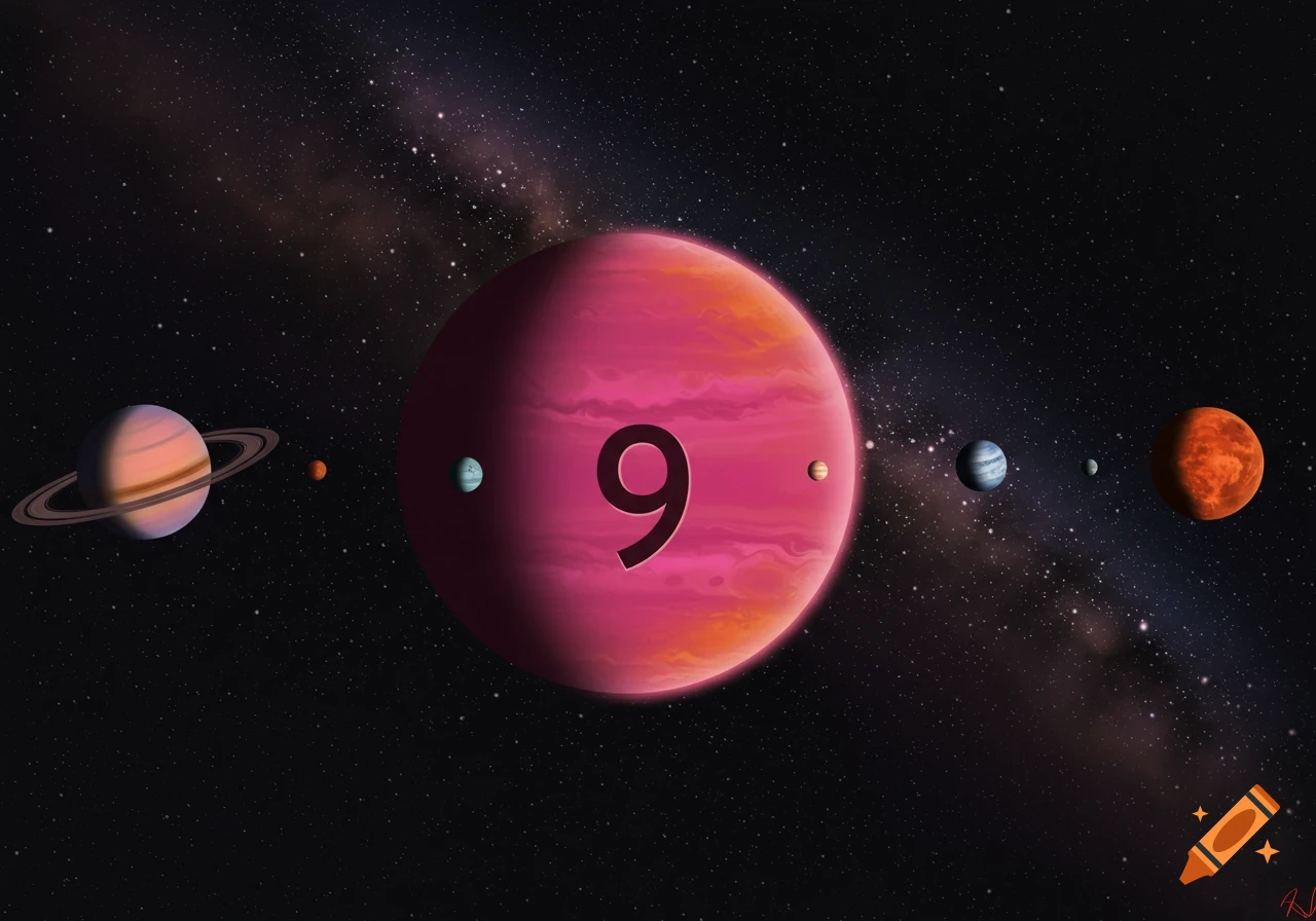 A large pink planet with the number 9, surrounded by other planets in space.