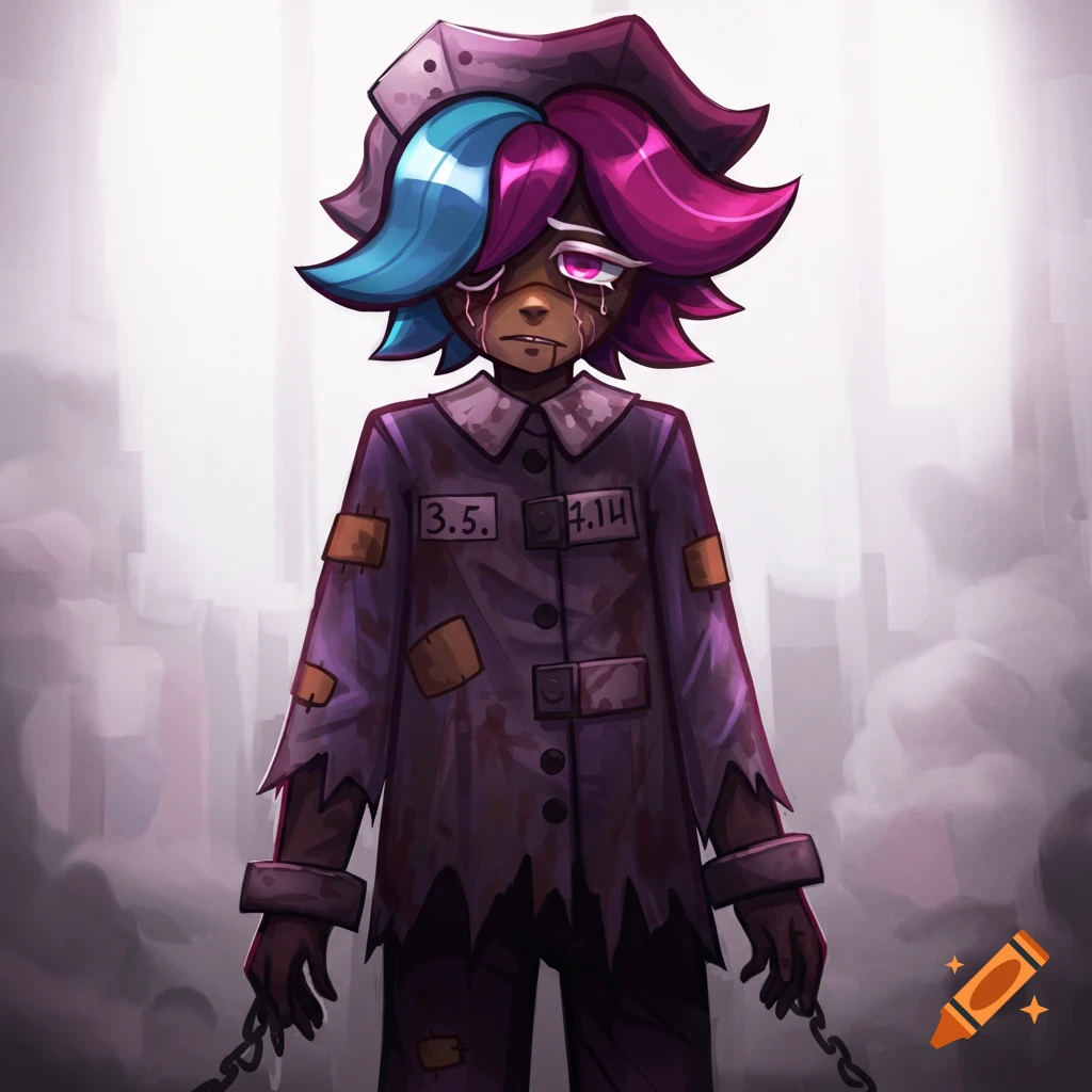 A stylized character resembling a cookie run asylum patient, crying and chained.