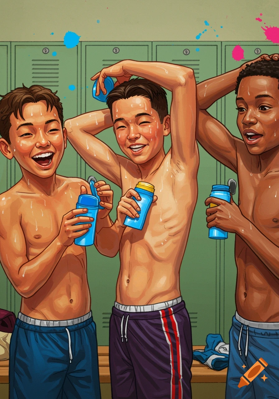 Three boys in a locker room, wet and smiling, holding bottles, digital comic art style.