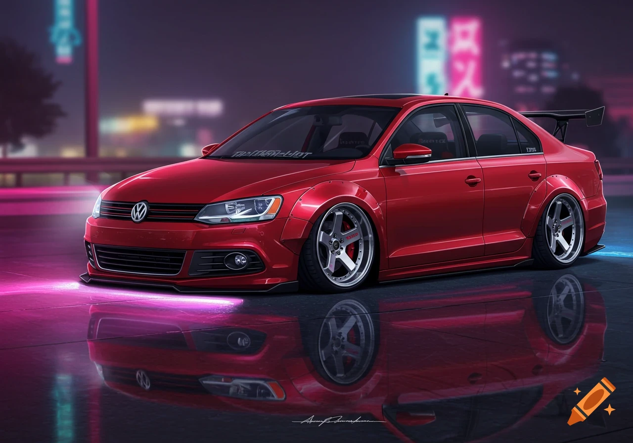 Red modified Volkswagen Jetta parked on a reflective surface at night with neon lights in the background.