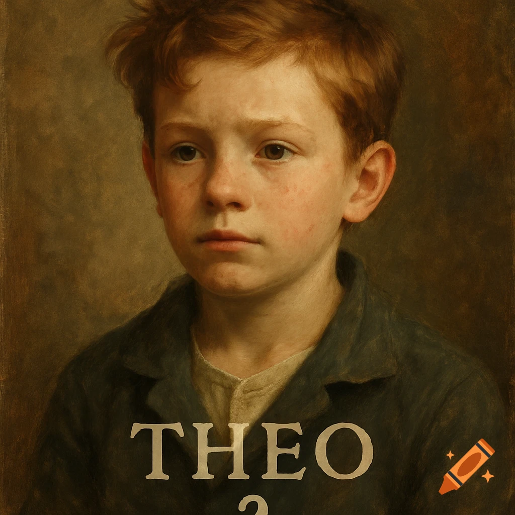 Portrait of a young boy with red hair overlaid with text THEO 2