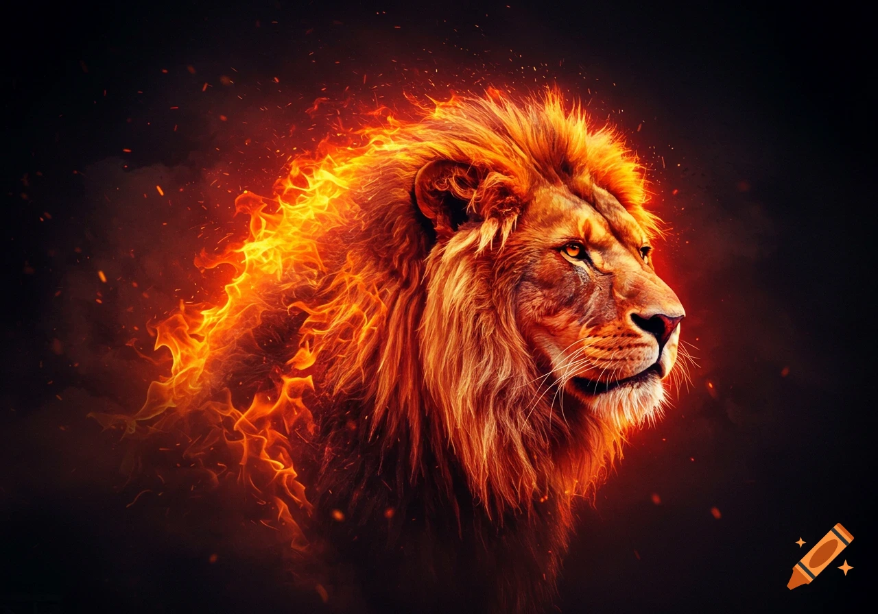 A lion with a fiery mane.