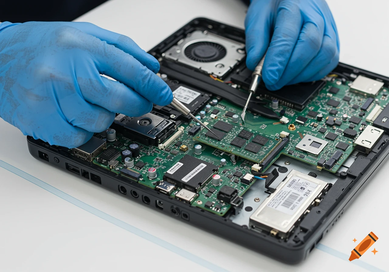 Close-up of a technician wearing blue gloves repairing the inside of a laptop.