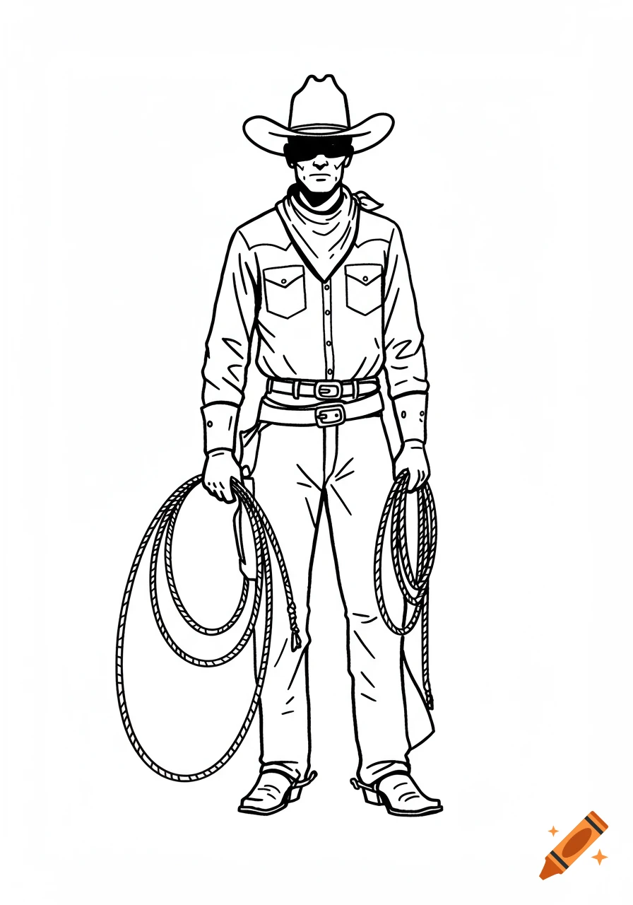 Line drawing of a cowboy holding lassos