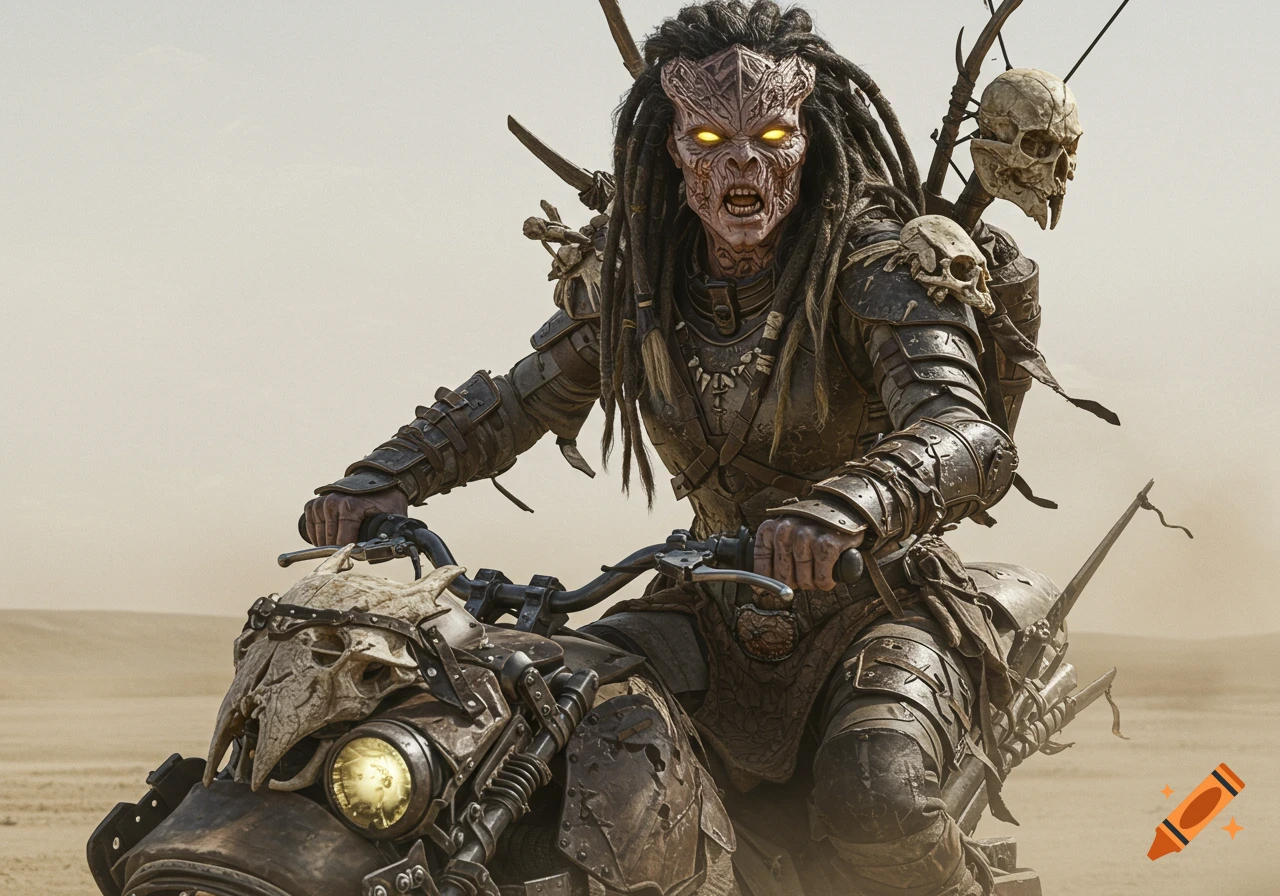 A fierce alien creature with dreadlocks and glowing eyes rides a skull-adorned hoverbike in a dusty wasteland. Photorealistic.