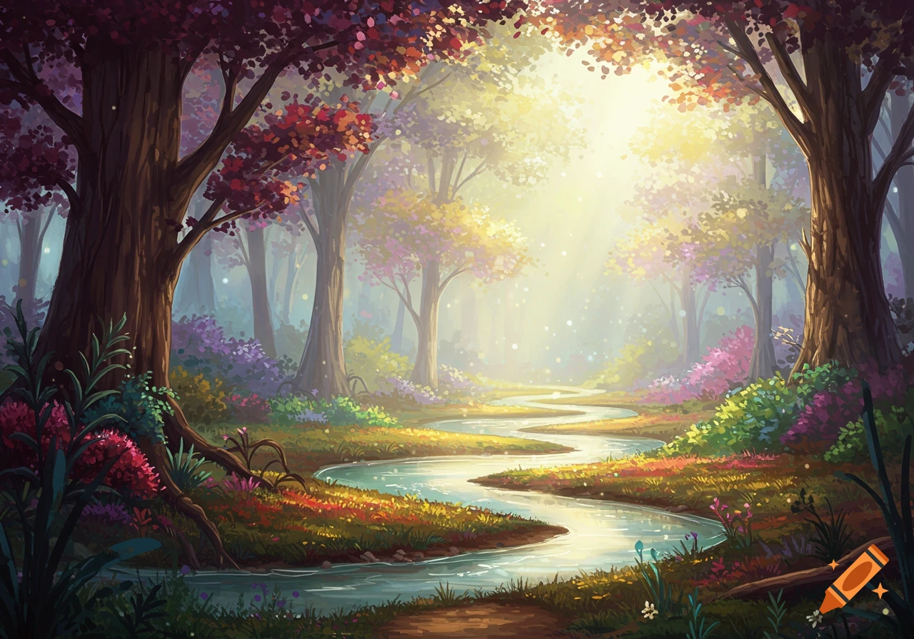 A fantasy forest with a winding river, colorful trees, flowers, and sunbeams.
