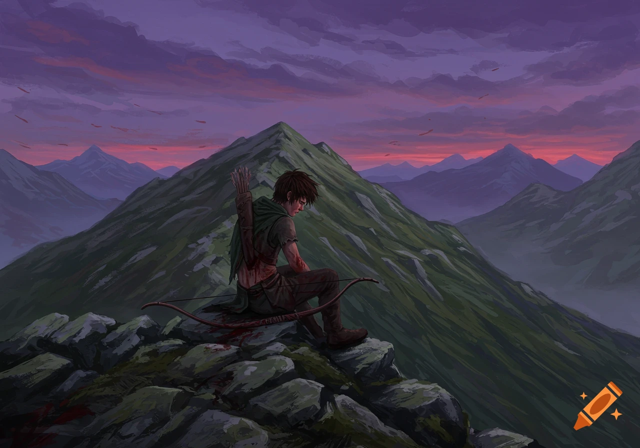 A wounded archer sitting on a mountain peak at sunset