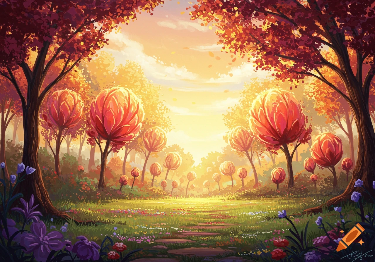 A vibrant magical garden with glowing trees and flowers in a warm, luminous style.