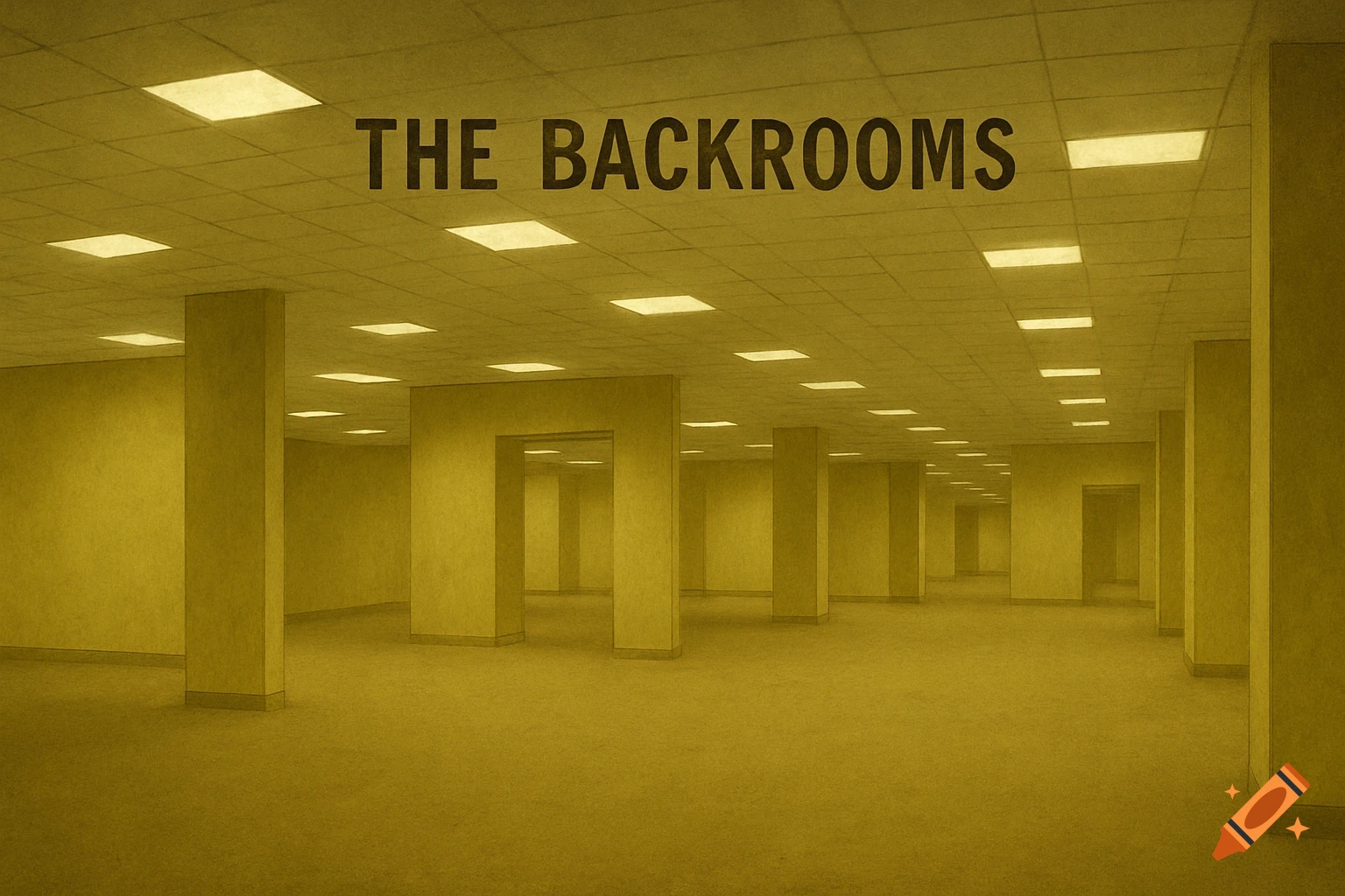 An empty, yellow room with columns and lights, overlaid with the text 'THE BACKROOMS'.