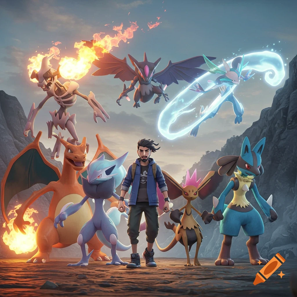 A trainer stands with his Pokemon team including Charizard, Lucario, and others in a rocky landscape.