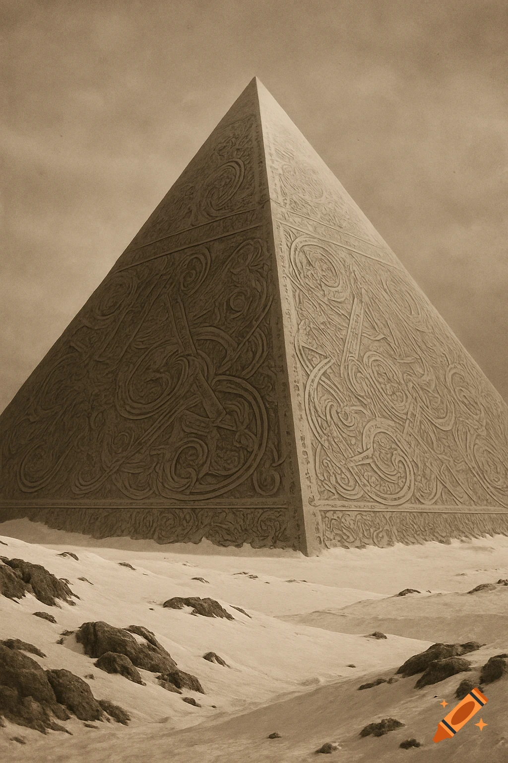 Sepia-toned photograph of a massive pyramid covered in carvings in a snowy landscape.