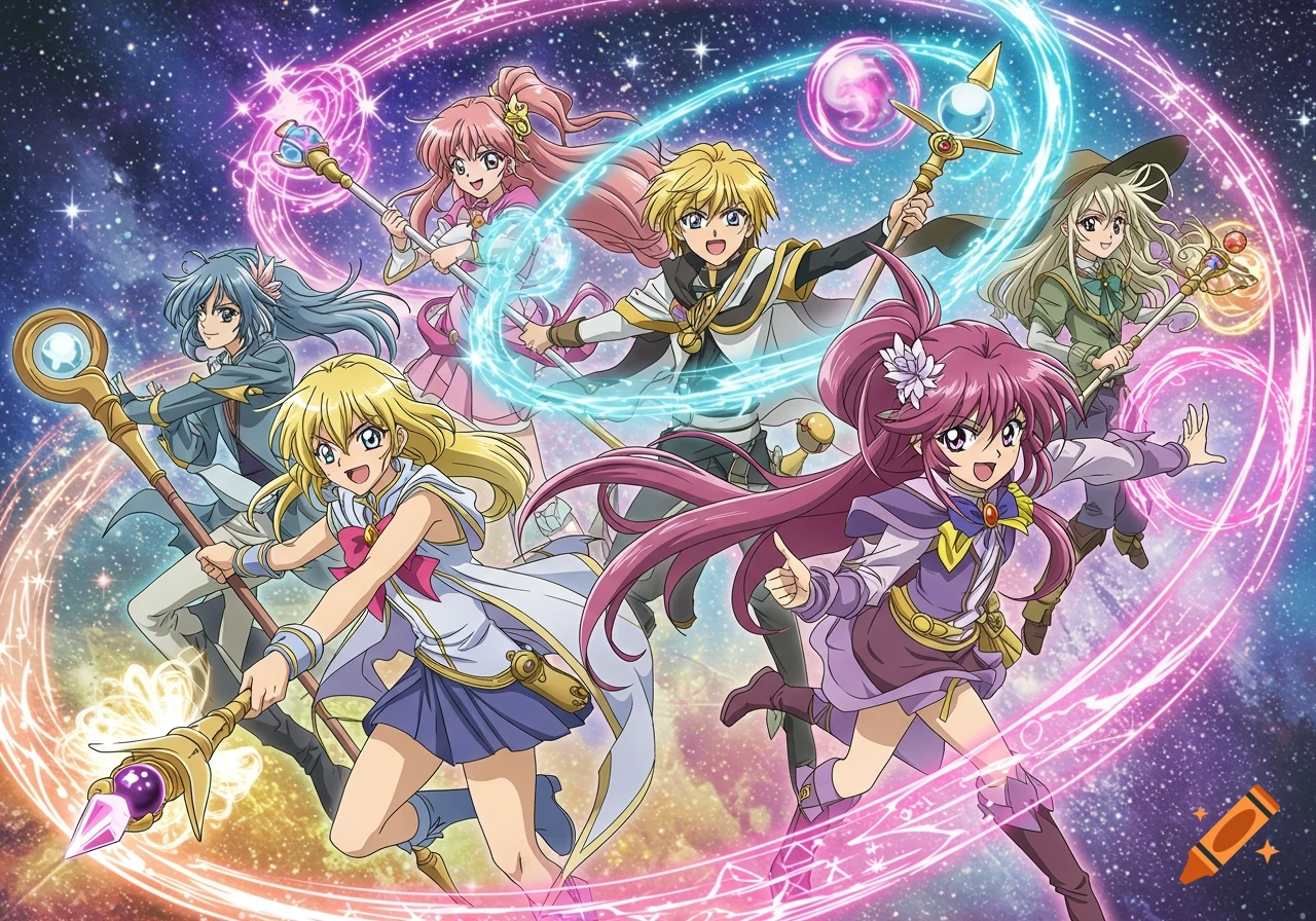 Anime characters casting magic spells against a starry space background