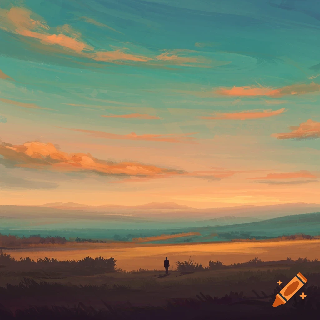 A figure stands in a field overlooking a vast landscape at sunset.