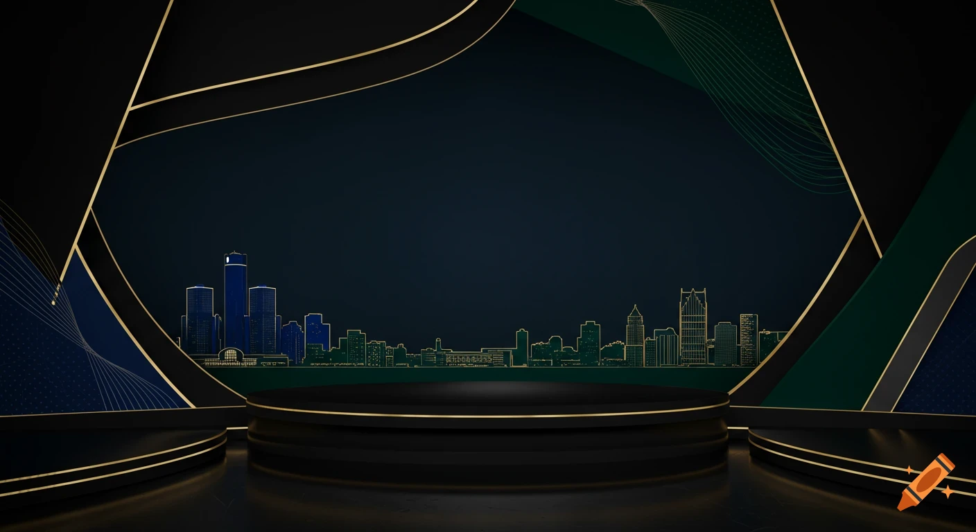 A virtual podcast background with a dark stage, gold accents, abstract shapes, and a subtle outlined cityscape.