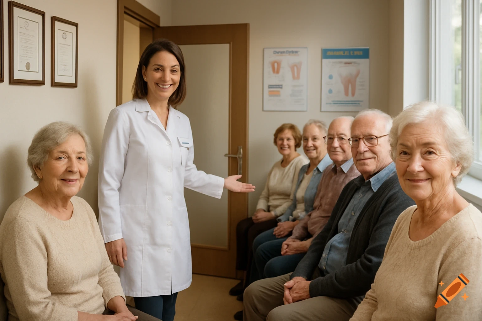 A doctor invites a patient in a clinic waiting room with elderly patients waiting.