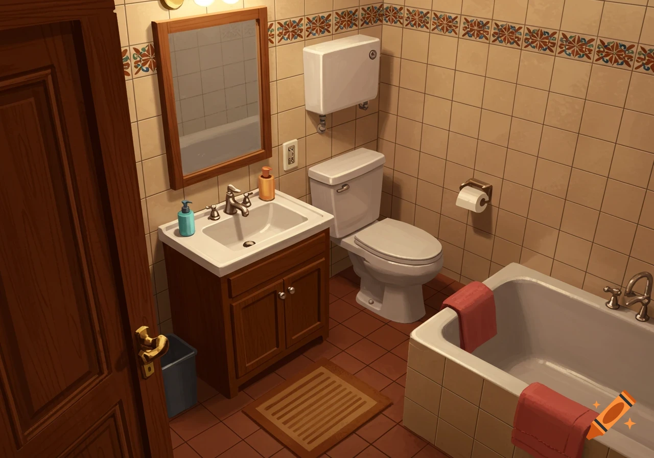 A bathroom with a sink, toilet, tub, mirror, and decorative tiles.