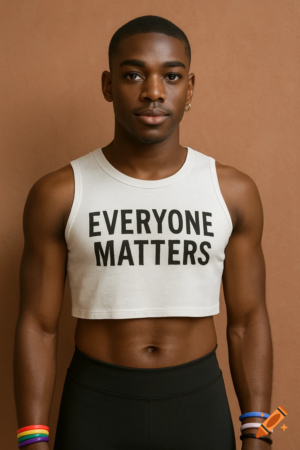 A Black man in a white crop top that says 'Everyone Matters' and black yoga pants stands against a brown background.