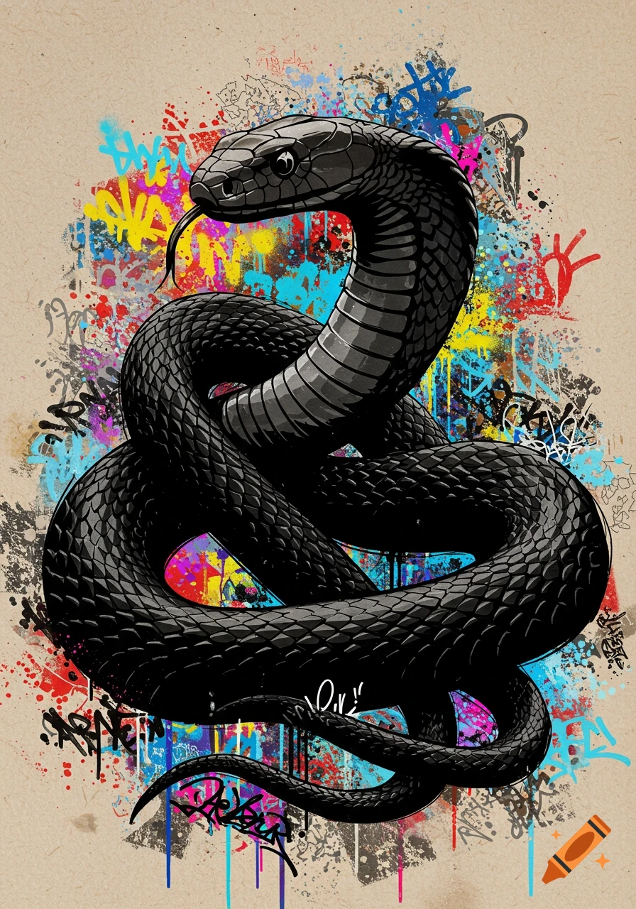 A black mamba snake is coiled on a background covered in colorful graffiti and paint splatters, digital art.
