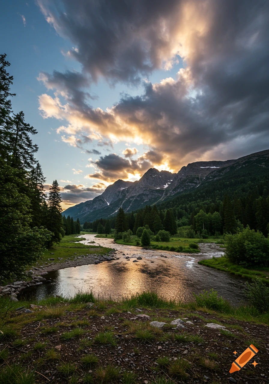 A river flows towards mountains under a dramatic sunset sky.