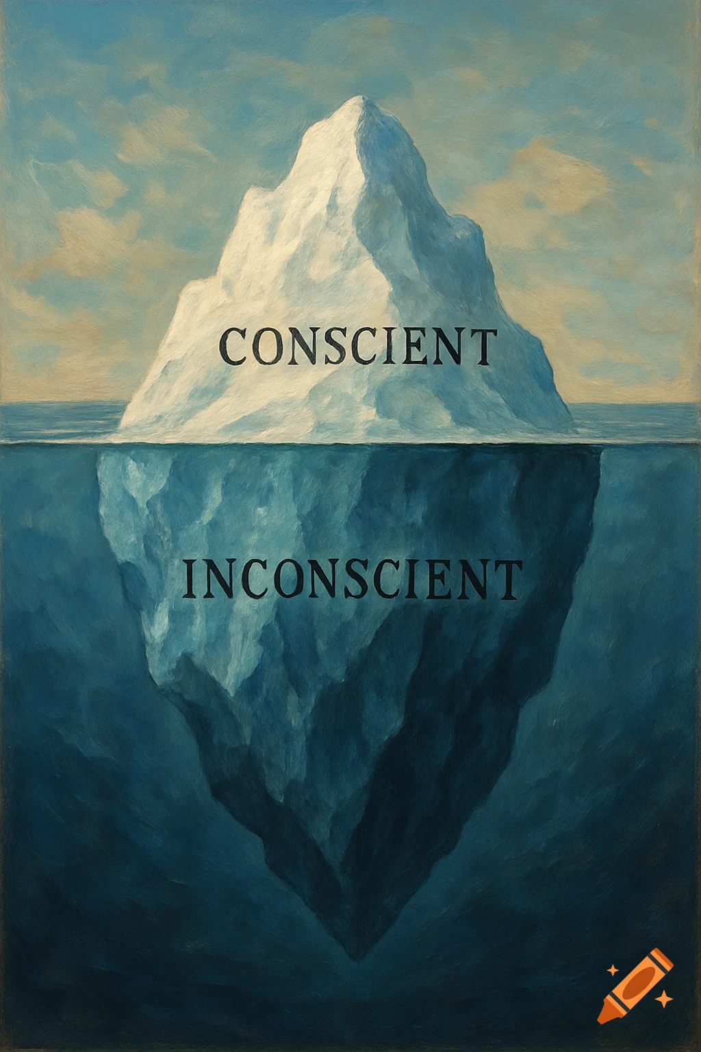 Painting of an iceberg split by water, labeled 'CONSCIENT' above and 'INCONSCIENT' below, representing Freud's model.
