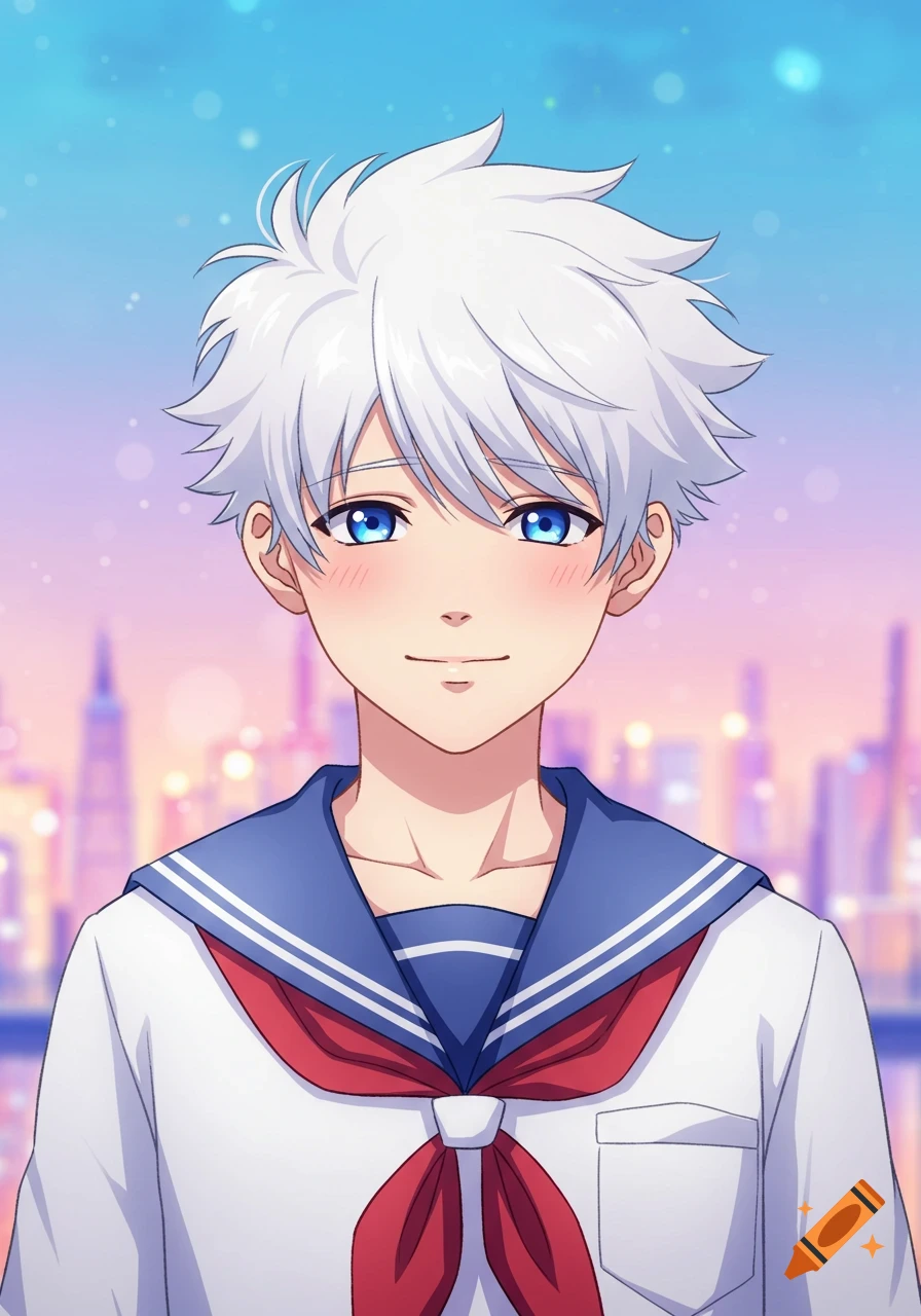 An anime illustration of a white-haired boy in a sailor uniform smiling against a cityscape background.