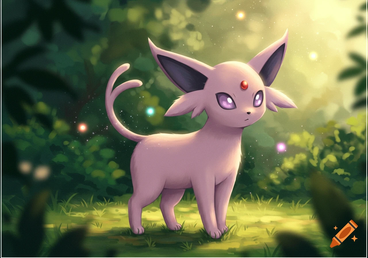 A pink Espeon stands in a forest clearing with glowing lights, in an anime style.