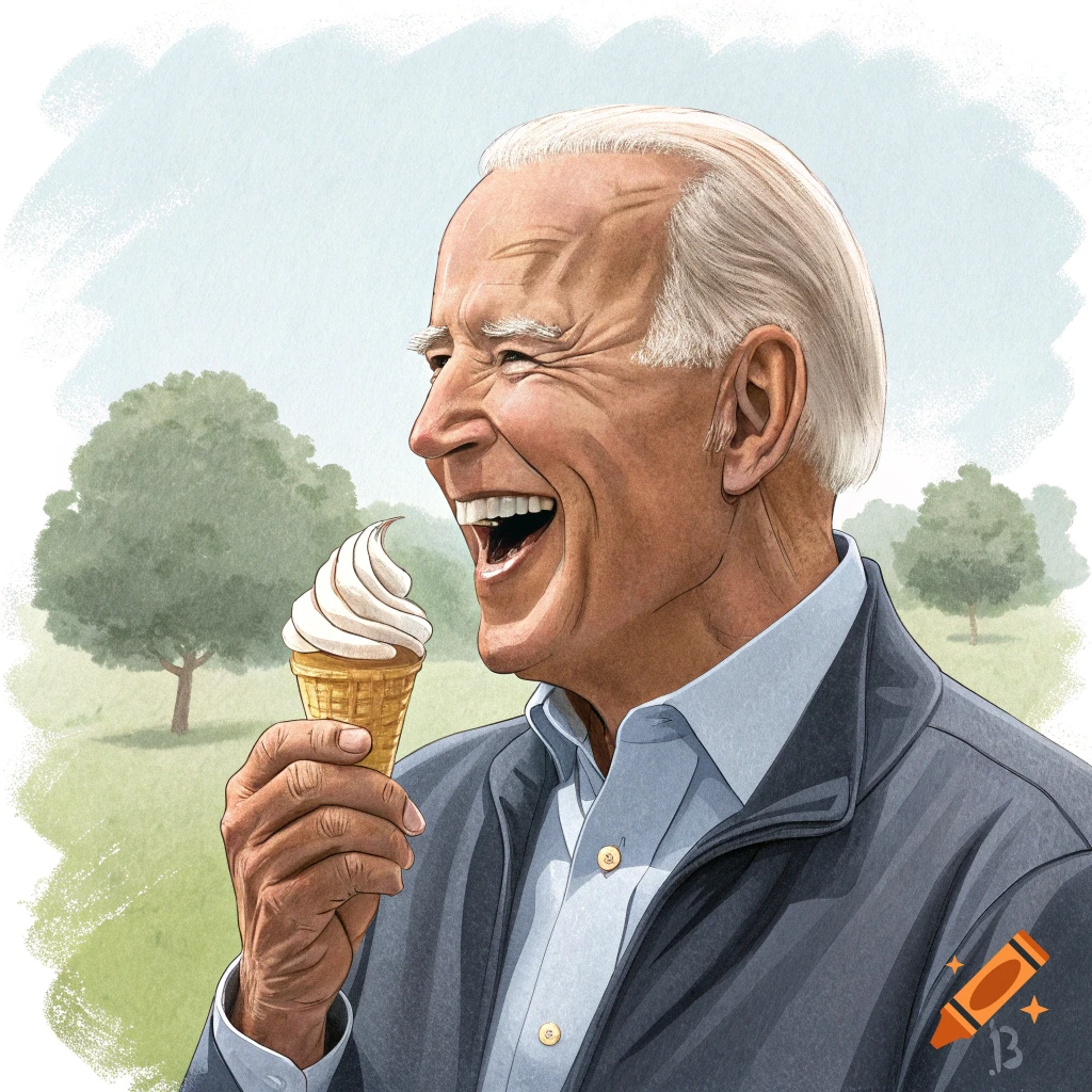 Illustration of Joe Biden laughing while eating an ice cream cone outside.