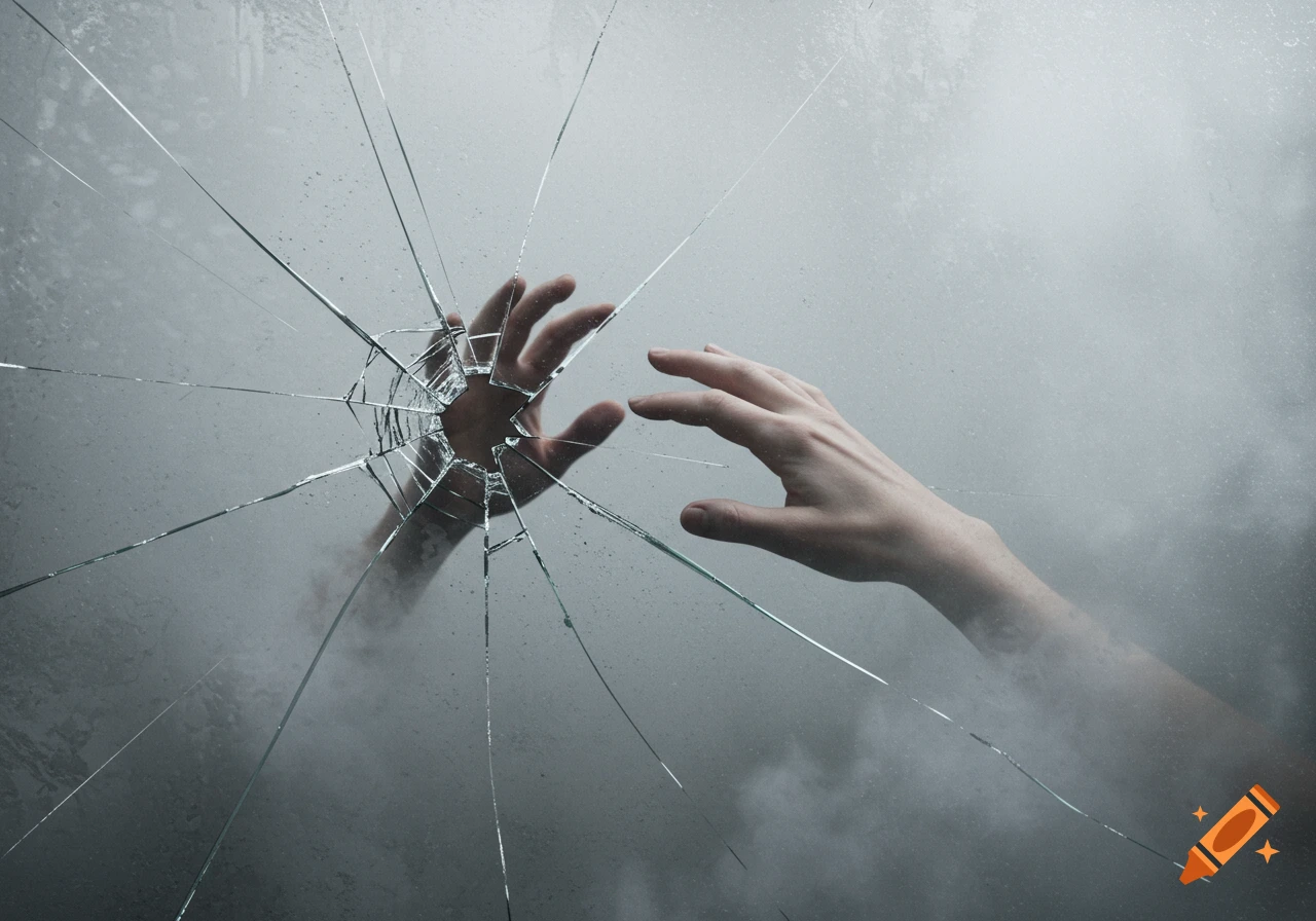 Two hands reach towards each other through cracked glass in a foggy setting.