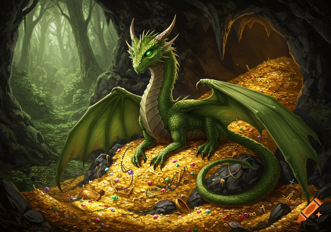 A green wyvern dragon guards a treasure horde of gold and jewels in a cave entrance.