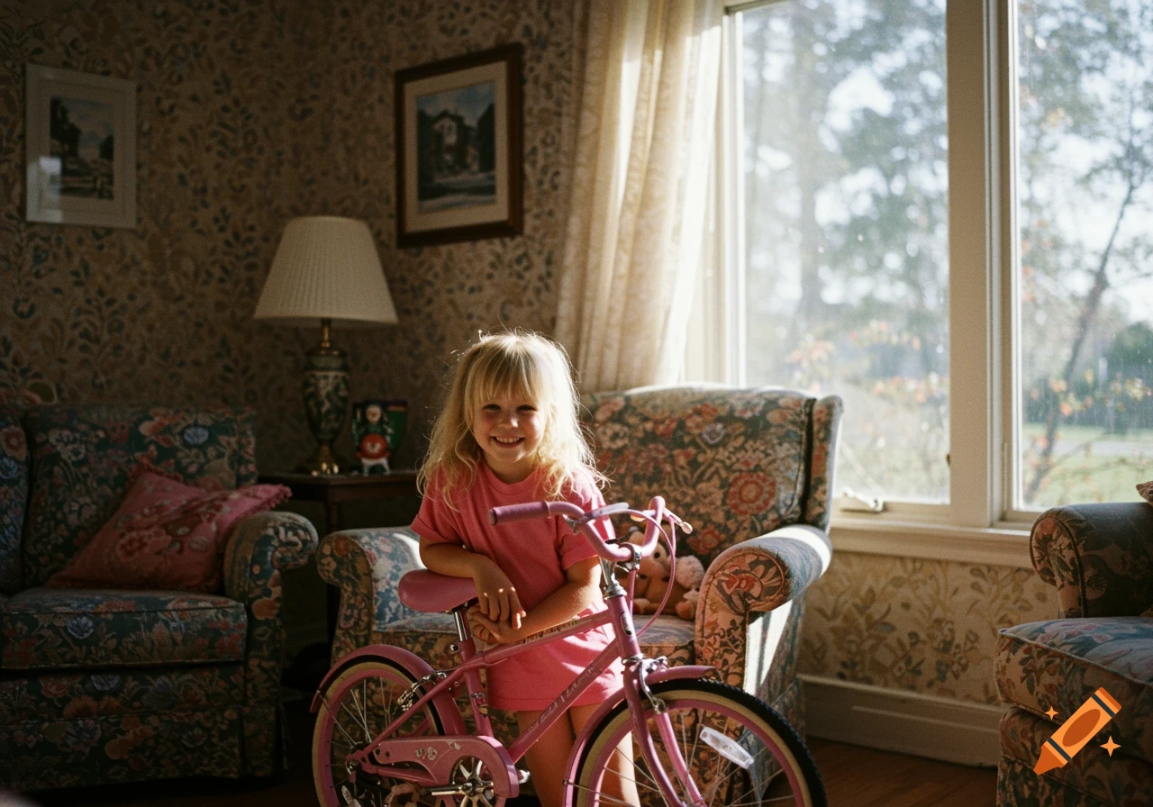 A young girl smiles while leaning on a pink bicycle in a sunlit living room, in a 1990s film photo style.