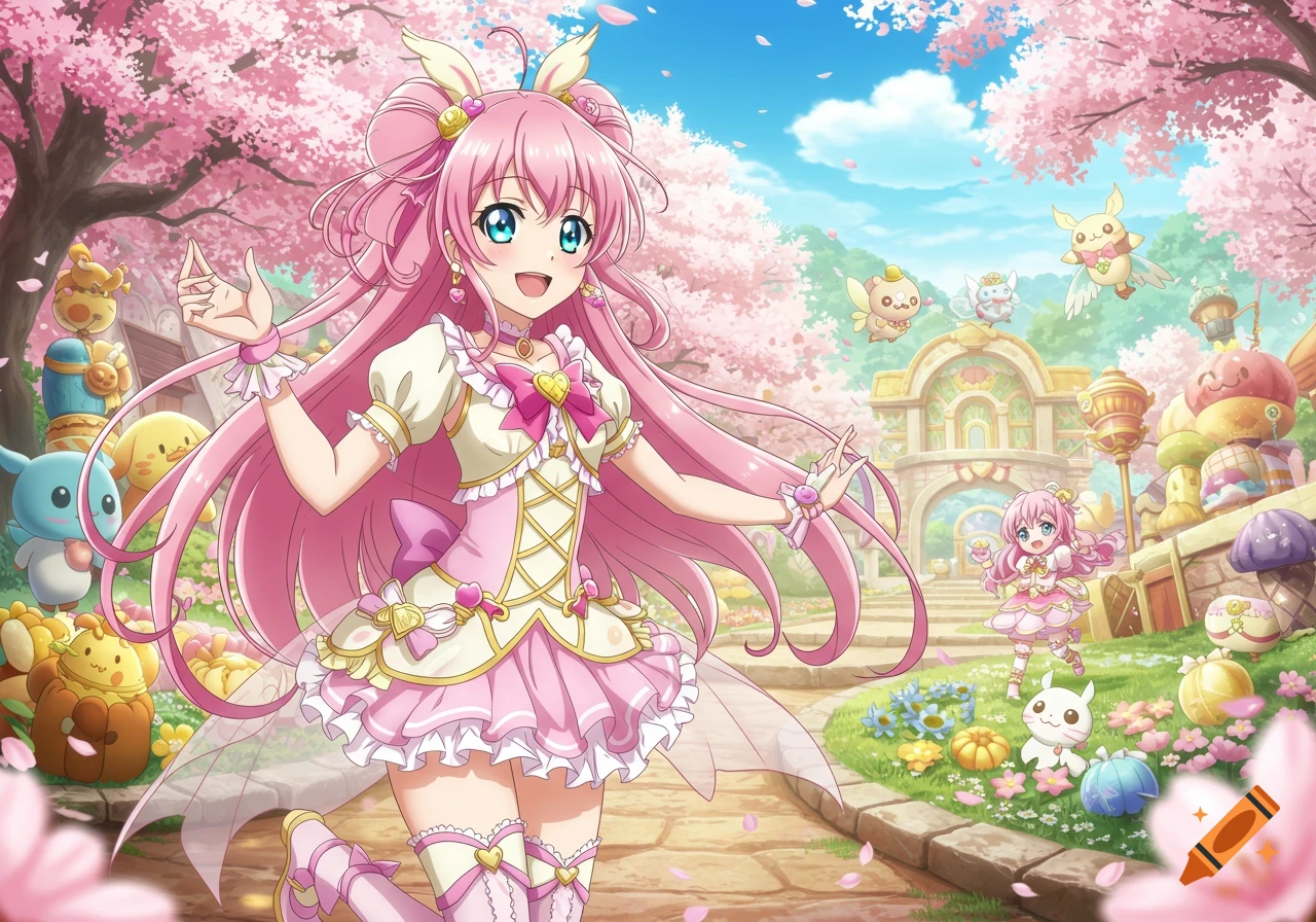 An anime girl with pink hair runs through a fantasy spring landscape with cherry blossoms and cute creatures.