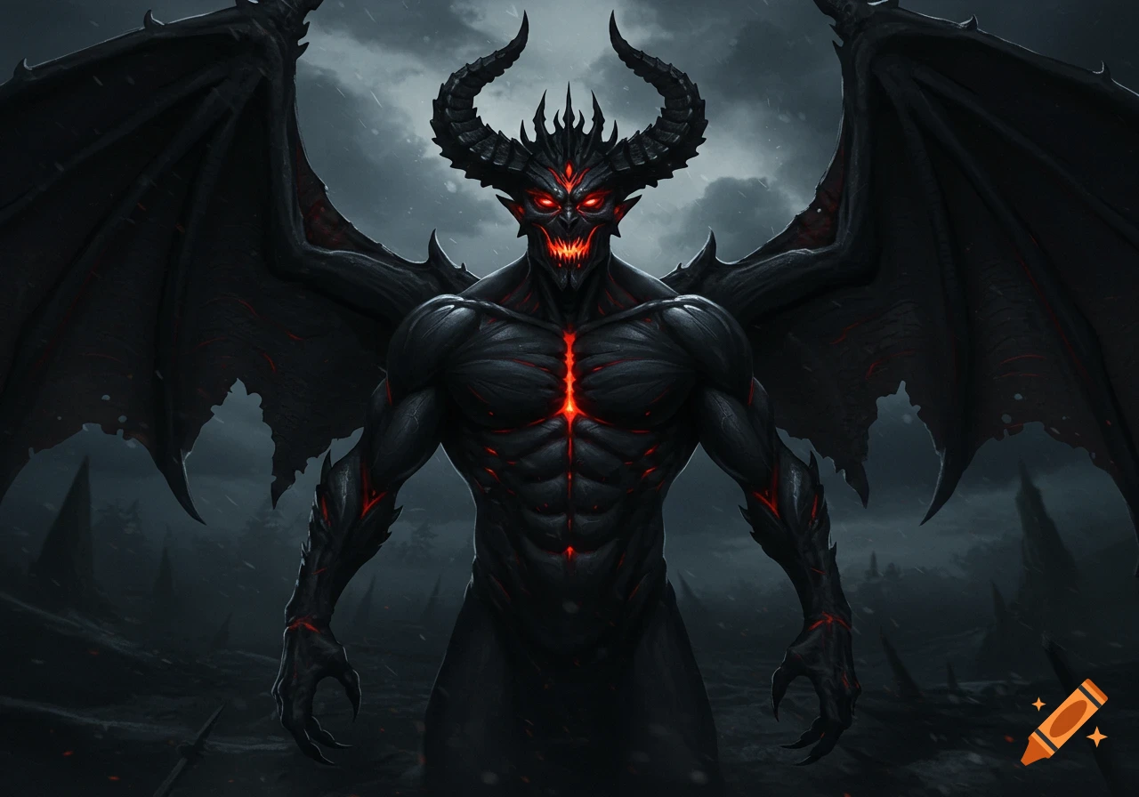 A dark fantasy illustration of a black demon king with horns, large wings, and glowing red eyes and chest against a stormy sky.