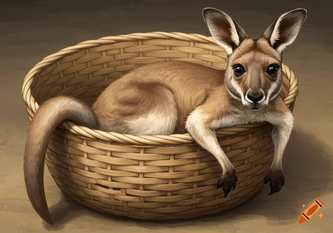 A kangaroo lying in a basket