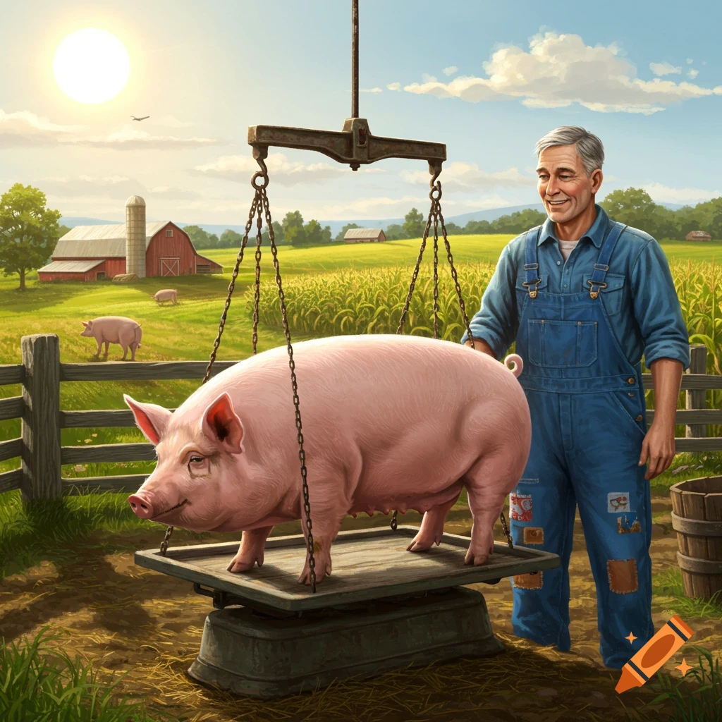 A farmer is weighing a large pig on a scale outside a barn.