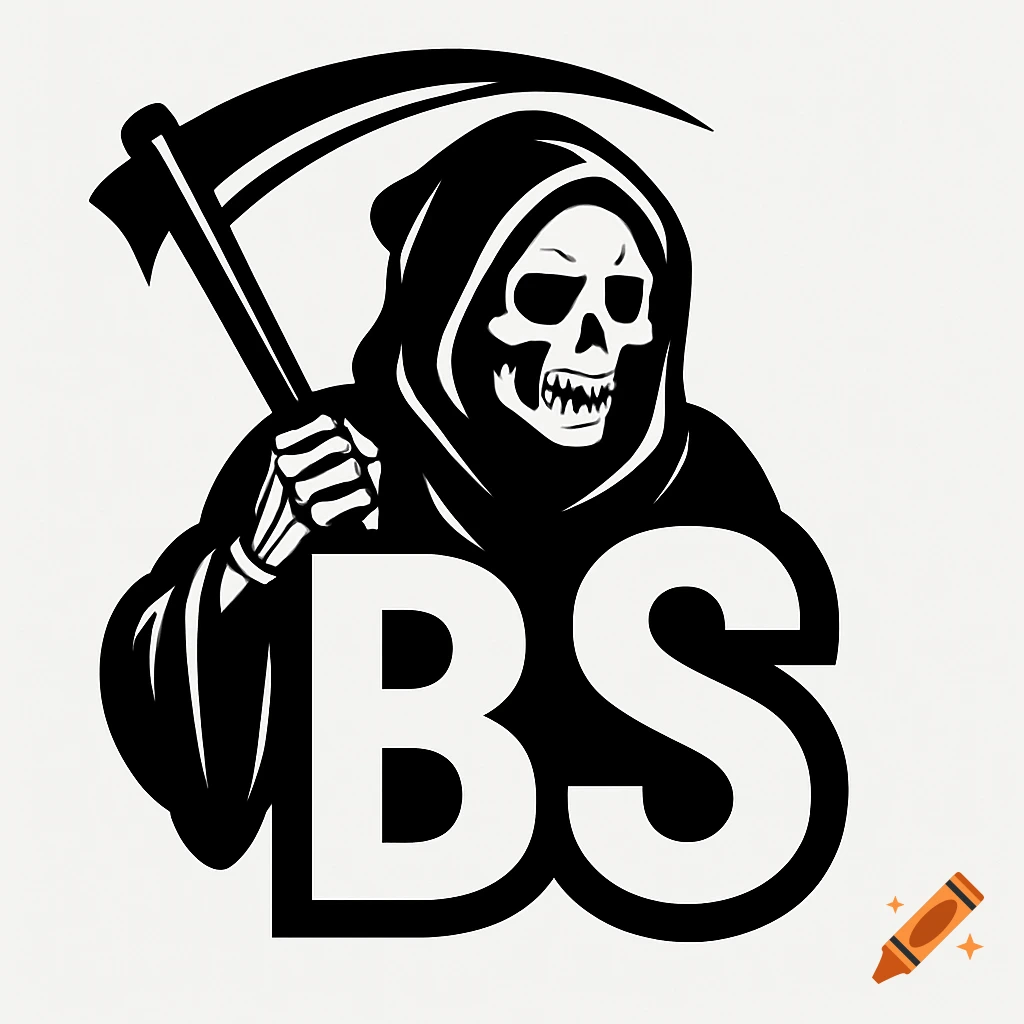 Black and white vector graphic of a grim reaper figure holding a scythe next to large letters BS.