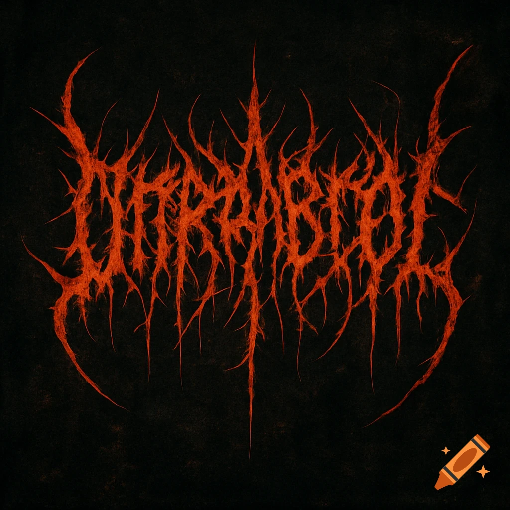 Stylized spiky red text resembling a metal band logo on a dark textured background.