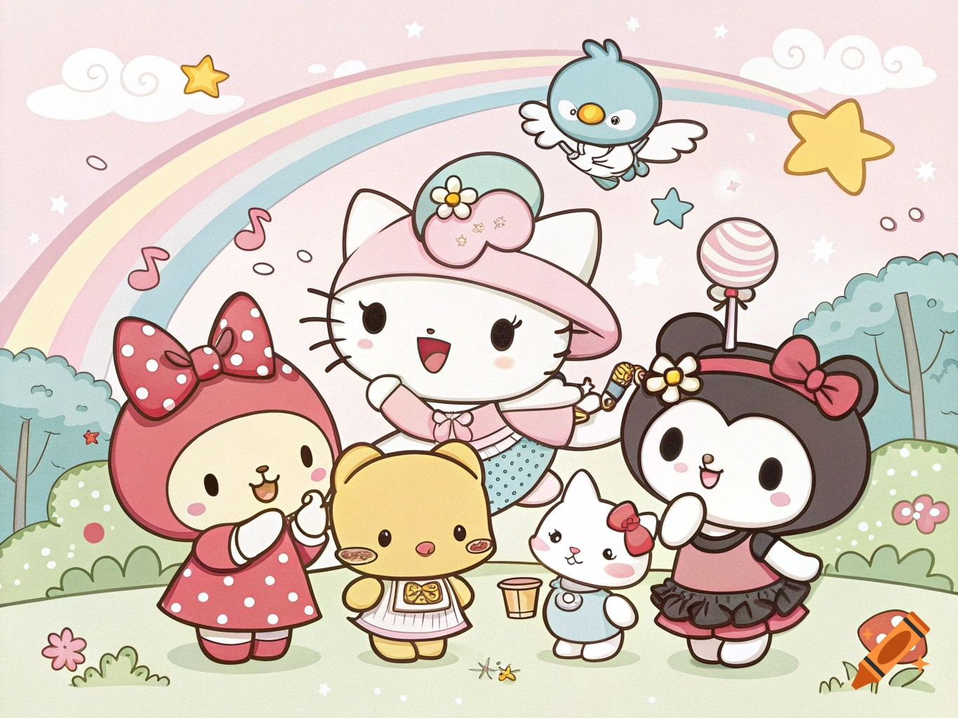 Sanrio characters including Hello Kitty, My Melody, Kuromi, and others stand in a cartoon landscape with a rainbow.