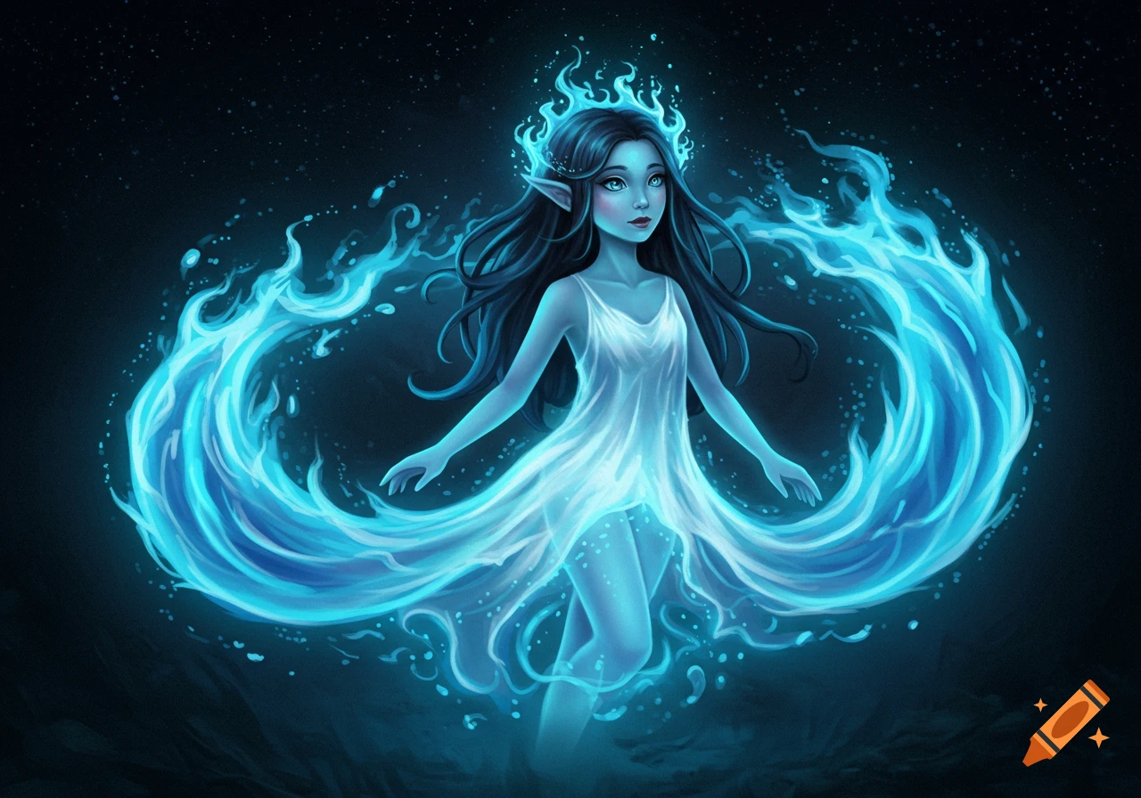 A girl resembling a will o' the wisp in a sheer white dress, enveloped by blue fire.