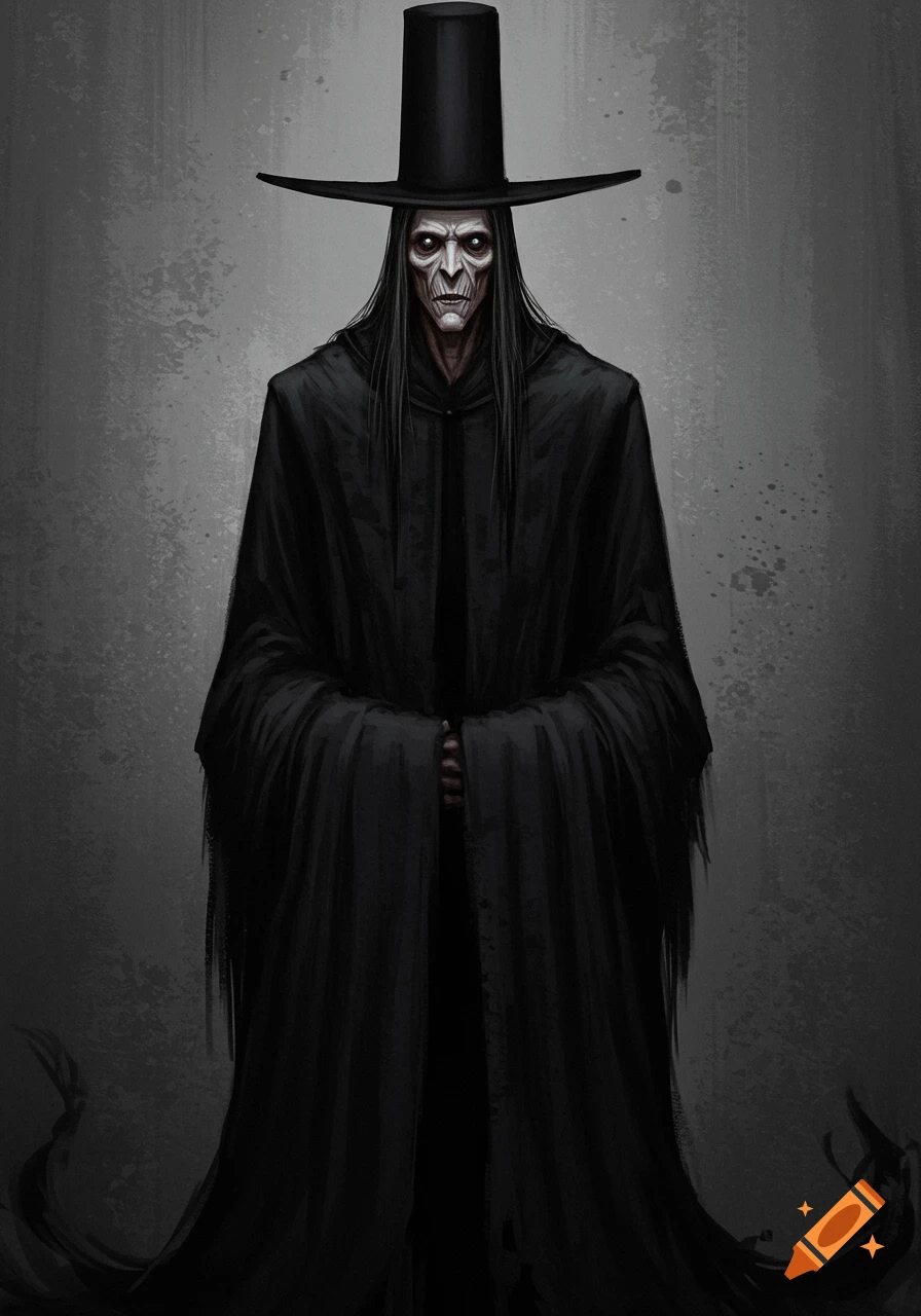 A gaunt figure in black robes and a tall hat.